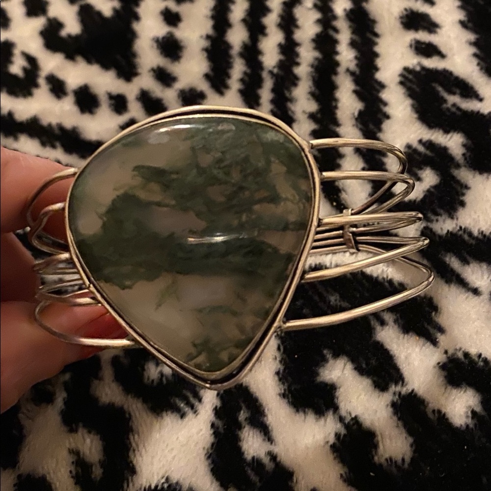 Moss Agate Gemstone Silver Adjustable Cuff - image 2